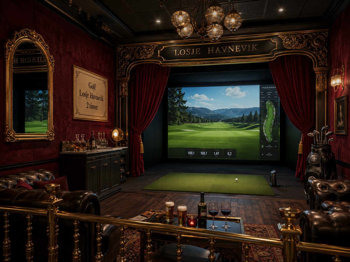 Inspirasjon: golfsimulator som sirkuslosje – Losje Havnevik i gull over scenåpningen, rød fløyel, gullrekkverk, Chesterfield i mørkt lær og simulatorskjerm bak røde gardiner