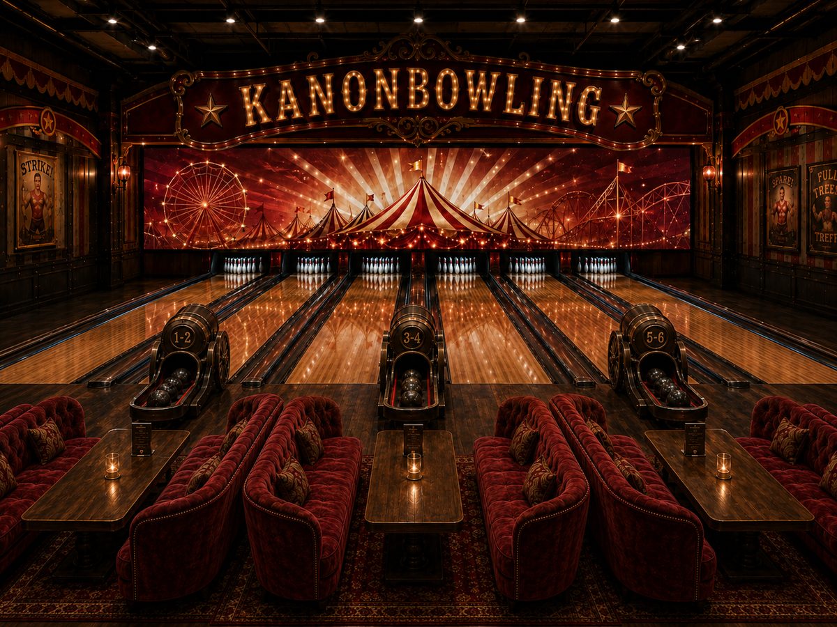 Inspirasjon: bowlinghall med KANONBOWLING i lyspærer over banene, tivoli-motiv på endeveggen, kanoner som ballretur med svarte kuler og røde fløyelssofaer