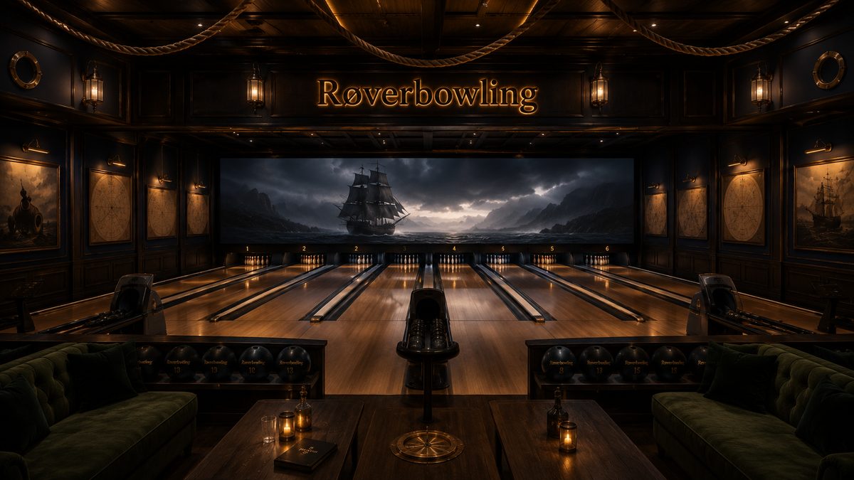 Inspirasjon: seks bowlingbaner med stor LED-skjerm i enden som viser et seilskip i storm, tauverk i taket, lanterner, sjøkart på veggene, mørkegrønne sofaer og svarte kuler med gulltall