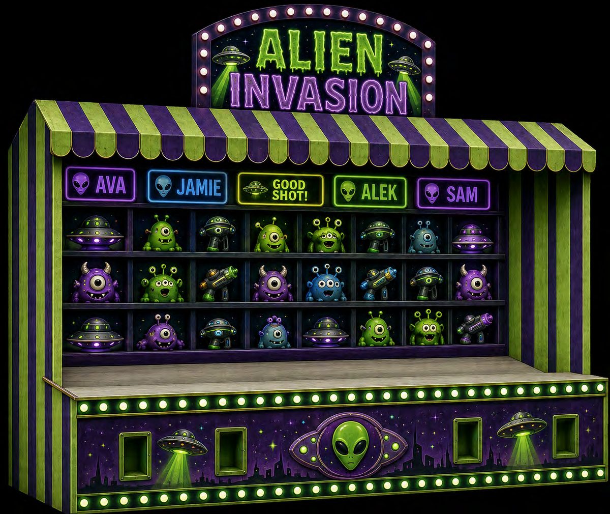 Alien Invasion – vegg av opplyste romvesen-blinker i grønt og lilla