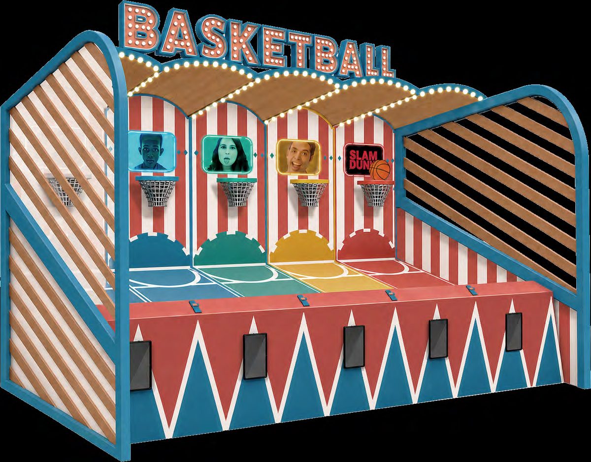 Basketball – tivolibod med fire kurver, LED-lys og skjermer i bakplatene