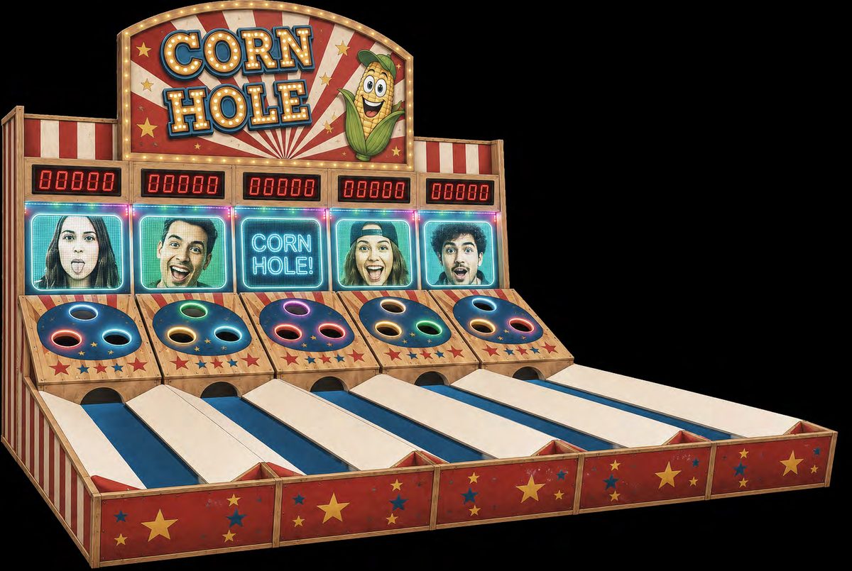 Corn Hole – rød og hvit bod med fem baner og lysende ringer
