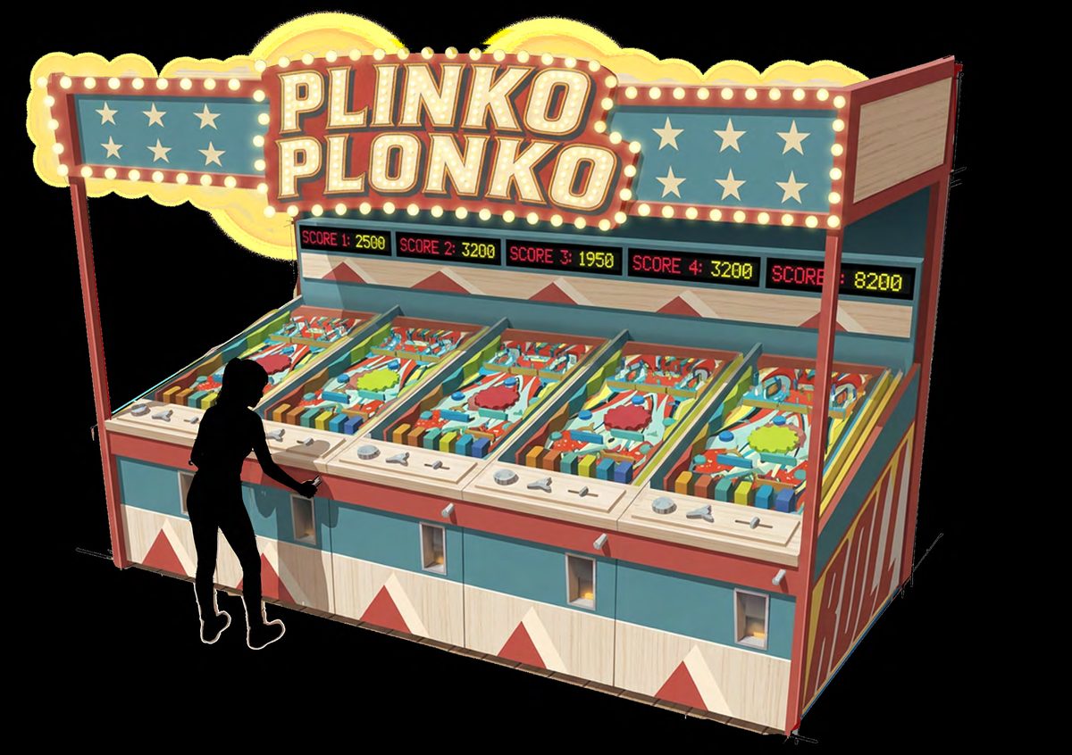 Plinko Plonko – fem spillflater med lysskilt, flippermekanisme og hindre