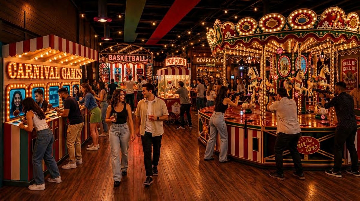 Game Volts visualisering av et Carnival Games-lokale med boder, basketball, popcornvogn og karusell