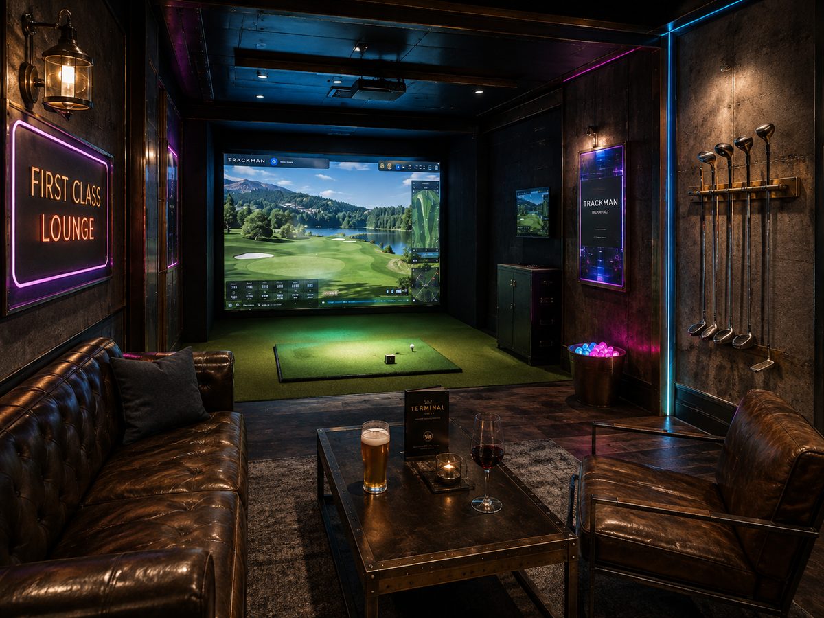 Inspirasjon: golfsimulator i et mørkt rom med Chesterfield i brunt lær, messinglampe, køller på messingstativ, neonlinjer i cyan og magenta og skiltet First Class Lounge