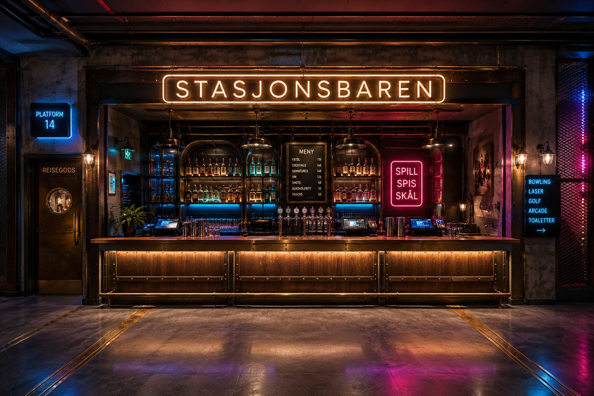 Inspirasjon: lang bardisk i mørkt tre og messing med nagler, flaskehyller i buer, tappetårn, industrilamper, Stasjonsbaren i varm neon over og Spill Spis Skål i rosa neon