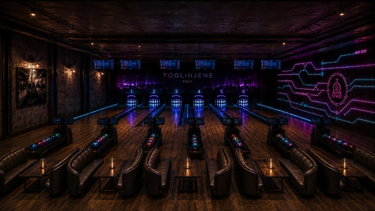 Inspirasjon: seks bowlingbaner i mørkt tre med Toglinjene på LED-veggen i enden, kjegler i blått neon, skinnsofaer i mørkt lær ved hver bane og et linjekart i cyan og magenta neon på sideveggen